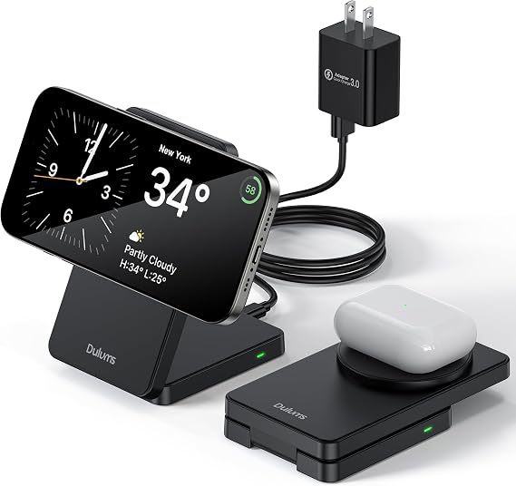 Folding Wireless Charging Stand, Magnetic 15W Fast Charging Station Mag-Safe Travel Lightweight Charger Compatible for iPhone 16/16 Pro/16 Pro Max/16 Plus/15/14/13/12 Series, AirPods 4/3