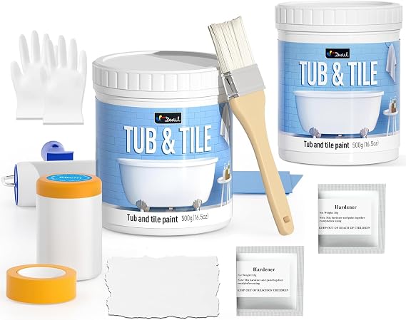DWIL Tub and Tile Paint Refinishing Kit with Hardener, Semi Gloss White, 50-55sq.ft, 1kg
