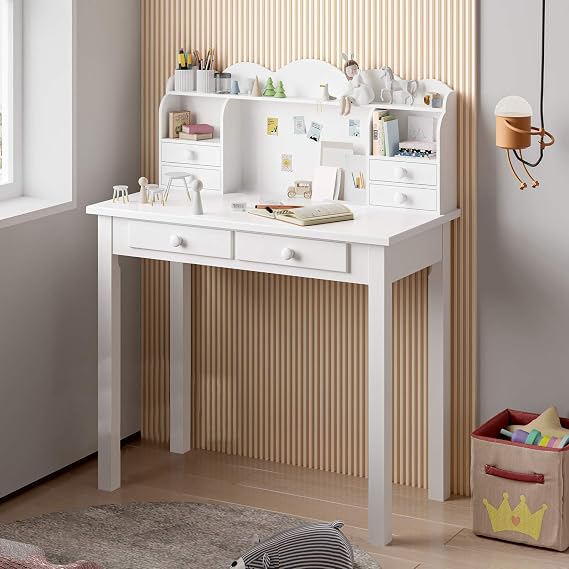 ADORNEVE Small White Writing Desk with Hutch and USB Ports, 31.5 inch Home Office Desk with Drawers, Computer Desk Study Table for Kids/Student, Makeup Dressing Table Save Space Gifts