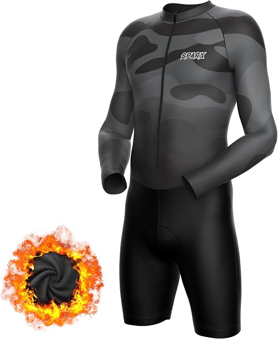 Sparx Long Sleeve Winter Cycling Thermal Skinsuit Pro Team Bicycle Suit Bike Racing Suit Cycle Kit 3D Pad (Black Camo, L)