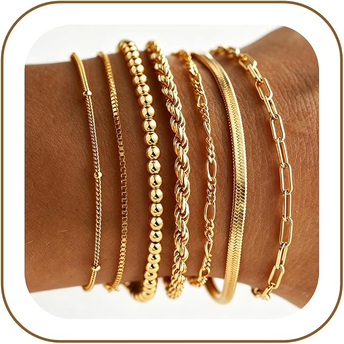 M MOOHAM 7PCS Gold Bracelets for Women, 14K Gold Plated Beaded Bracelet Set