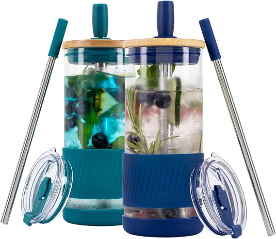 Pandaloo Glass Cups With Lids and Straws -20 Fl Oz- Perfect Size Iced Coffee Cup - Smoothie Cup With Bamboo Lid and On the go Lid - Glass Tumbler (2 Count (Pack of 1), Intense Teal-Galactic Blue)