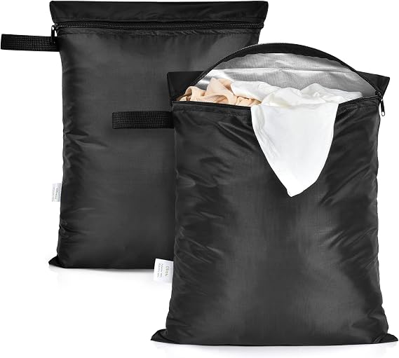 OTraki 12x16 inch Wet Bag 2Pcs Waterproof Swim Bag for Wet Clothes Small Swimsuit Dirty Clothes Laundry Bag Travel Machine Washable for Gym Beach Pool Drying Do Not Exceed 176F Black | Large Gym Wet Bag with Handle Wet Clothes Organizing Machine Washable Travel Wet Dry Bag Drying Do Not Exceed 176F