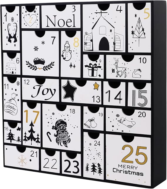Juegoal Advent Calendar, 11.8'' Black Wooden Advent Calendars with 25 Storage Drawers Countdown to Christmas 2025, Christmas Advent Holiday Decor