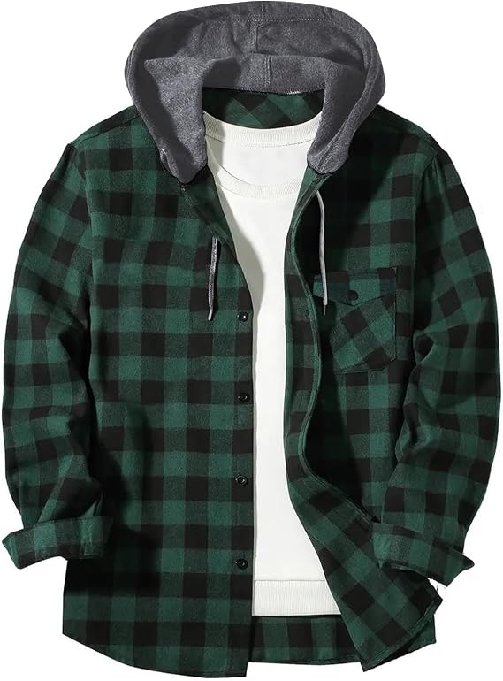 Button Down Shirt Men Color Block Oversized Long Sleeve Hoooded Shirts Fall Plaid Casual Hoodies with Pocket