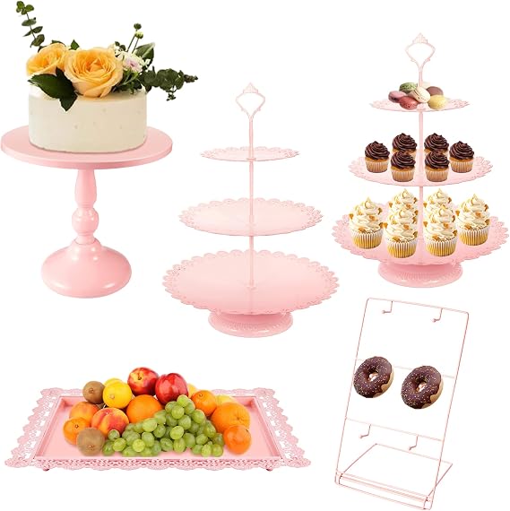 Pink Dessert Table Display Set, Metal Cake Stand Round Tiered Cupcake Holder Cookies Candy Donut Plate Table Serving Tower Tray Platter For Baby Shower, Wedding, Celebration, Party, Birthday (5 Pack)