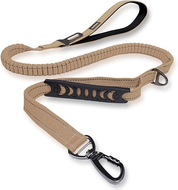 No-Pull Tactical Heavy Duty Bungee Dog Leash for Medium & Large Dogs with Dual Handle 4-6 ft - Shock Absorbing, Traffic & Training Handle, Reflective, Car Seatbelt Clip, Khaki