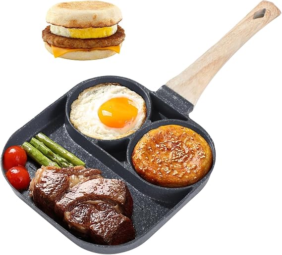 3 in 1 Egg Frying Pan, Nonstick Omelette Pan, Breakfast Skillet, Wood Grain Handle, Compatible with Induction Gas Stoves, Ideal for Breakfast