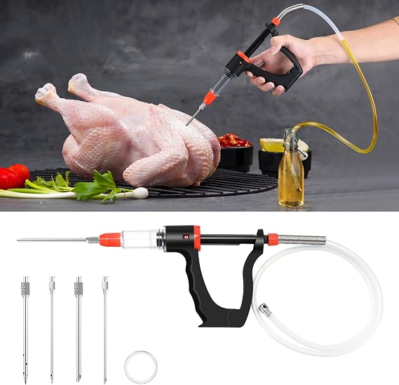 Marinade Injector Syringe with 3 Flow Settings & 4 Needles | 5/10/15ml flow control, 4 needles, 33.46 in hose, BBQ smoking turkey brisket marinade