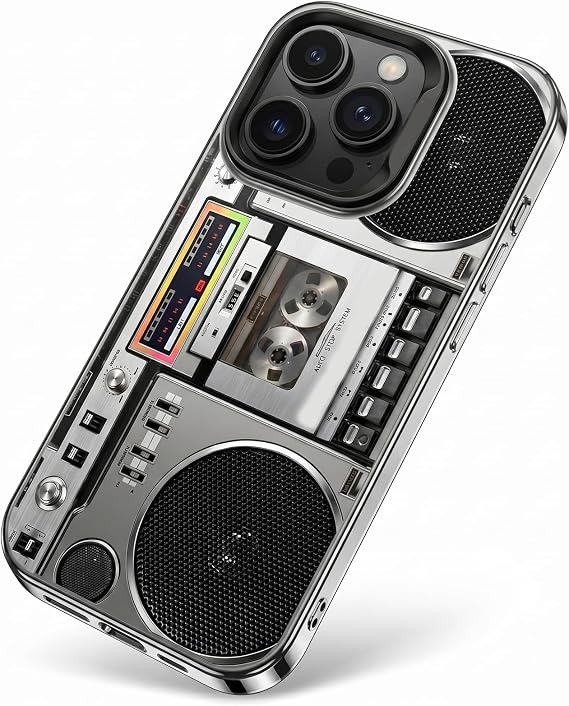 Retro Boombox Cassette Player Pattern Phone Case Vintage Cassette Tape Design Shockproof Slim Cover Anti-Fingerprint Hard PC Protective Case (Silver,For iPhone 17 Pro Max)