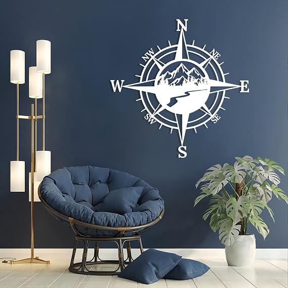 EANHIPE Metal Nautical Compass Rose Wall Art, Metal Mountain Rivers Compass Wall Decor, Minimalist Wall Decor, Nautical Wall Art, Beach Room Decoration, Office Decoration (White, 39"x39"/100x100cm)