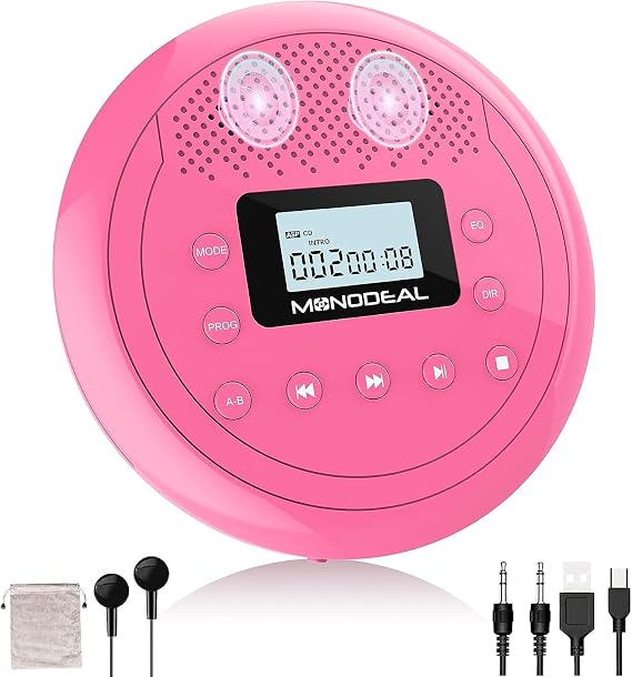 2024 Upgraded MONODEAL Rechargeable CD Player with Speakers, Anti-Skip CD Player for Car and Home, Portable Player with Headphones for Audio Book Music (Rose Red)