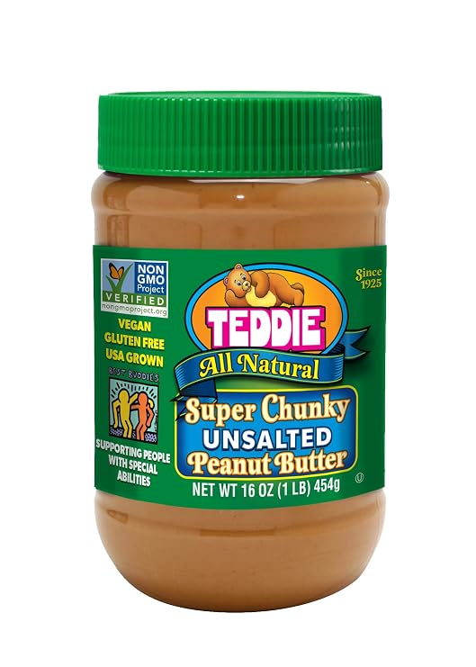 Teddie All Natural Chunky Unsalted Peanut Butter, Gluten Free & Vegan, Plastic Jar (16 Ounce (Pack of 1))