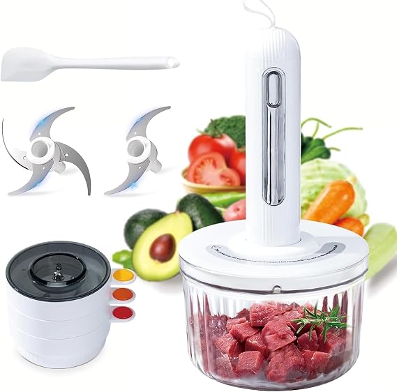 Food Processor Glass, Electric Food Chopper with 4 Bowls(8 Cup + 3 x 0.5 Cup) 2 Stainless Steel Blades USB Rechargeable Meat Grinder & Vegetable Chopper for Kitchen