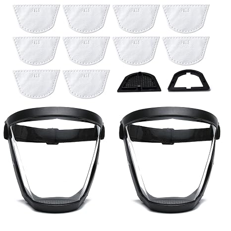 2 Pack Plastic Face Shield, Full Safety Face Protection Equipment with for Unisex and Adult, Reusable No Fogging Transparent Face Shield with Adjustable band, High-Definition Black