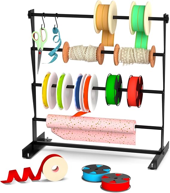 Alyoen Ribbon Organizer, Metal Ribbon Holder Storage Rack with Activity Hooks, Ribbon Spool Holder for Craft Room Sewing Thread Mesh Ribbon Wreath Washi Tape, Florist Arts Wrapping Gift