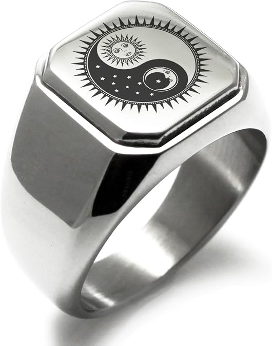 Stainless Steel Signet Biker Rings for Men, Yin & Yang Symbol Square Flat Top (Black, Gold, Silver), Size 7-16