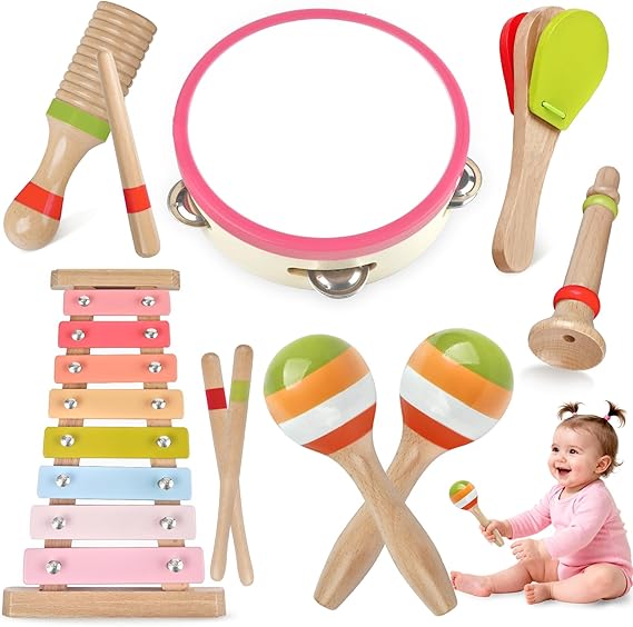 Baby Musical Instruments for Girls-Montessori Wooden Toys for Toddlers 1-3,Percussion Instruments Set with Xylophone Preschool Educational 3+ Christmas Birthday Gift for 1 2 3 Year Girl (Pink)