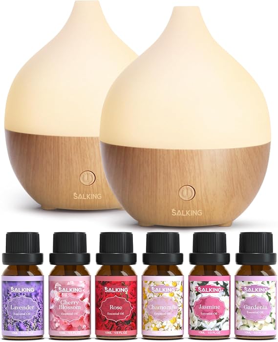 SALKING 100ml Diffuser Set, Set of 2 Aromatherapy Diffuser & Floral Essential Oils Set, Ultrasonic Diffuser Cool Mist Humidifier with 8 Colors Light, Waterless Auto Off for Room Office
