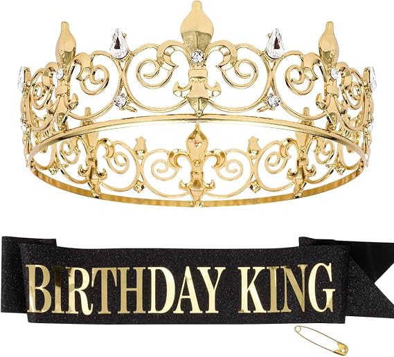 Happy Birthday Decorations for Men, Birthday King Crown and Birthday Sash for Men, Birthday Crown & Sash Black and Gold