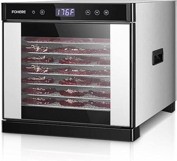 FOHERE 800W Food Dehydrator Machine with 8 Stainless Steel Trays, 8.01ft2 Drying Space, 176F Temperature Control & 48H Timer for Jerky, Meat, Fruit, Herbs, Yogurt, Dog Treats Recipe Book
