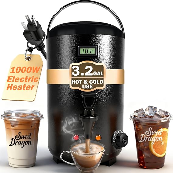 Electric Insulated Beverage Dispenser With Heating 75 Cup Hot & Cold Drink Water Urn with Spigot 12 L / 3.2 Gallon Stainless Steel Hot Coffee & Tea Drink Dispenser for Catering, Juice, Milk, Black
