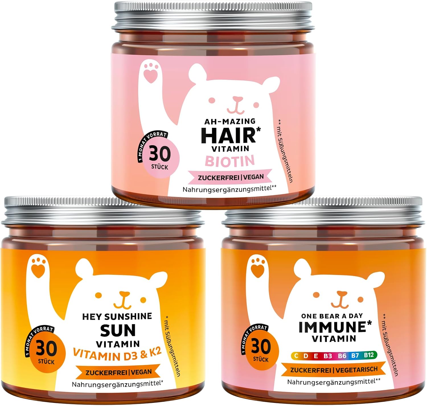 Pack Trio Wellbeing Hair & Immunity - 10000μg Biotin Multivitamin Complex & Vitamin D3 K2 - 3 x 30 Pieces - Sugar Free - Bears with Benefits