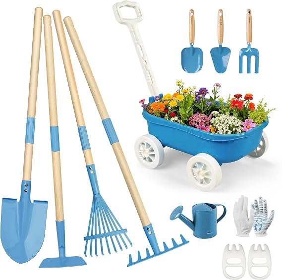 Grenebo Kids Gardening Tools Set - 11pcs Wheelbarrow Set for Kids, Blue