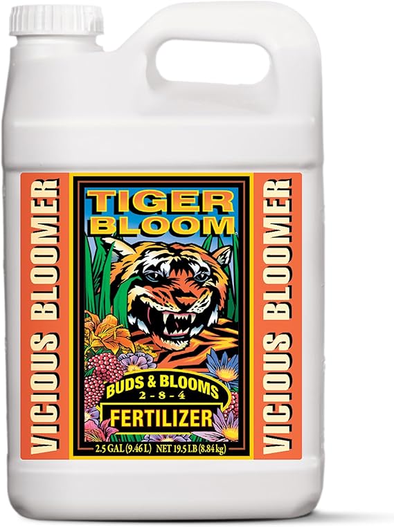 FoxFarm Tiger Bloom Liquid Plant Food - Phosphorus Fertilizer for Buds, Blooms & Flowering - Supports Soil & Hydroponic Systems - High Micronutrient Formula with 2-8-4 Nutrient Ratio - 2.5 Gallons