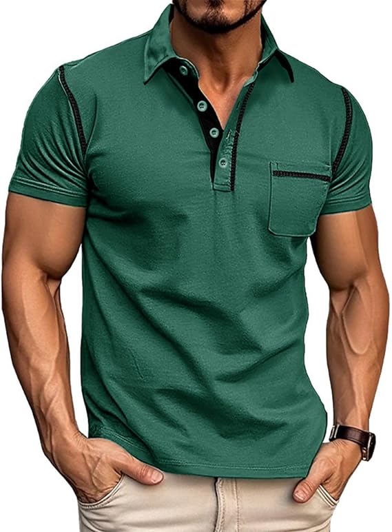 Qekoma Mens Polo Shirts Short Sleeve Casual Collared Shirt with Pocket