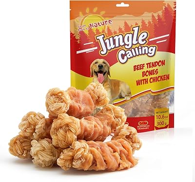 Jungle Calling Beef Tendons for Dogs, Chicken Wrapped Tendons Dog Chews Long Lasting Hip and Joint Supplement for Dogs with Glucosamine Knotted Bone