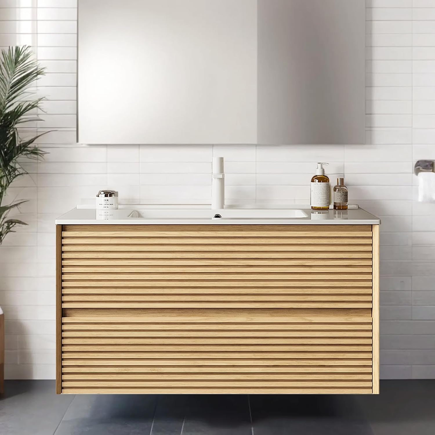 36 Floating Bathroom Vanity with Sink, Wall Mount Wood Bathroom Vanities with White Ceramic Integrated Sink and 2 Drawers, Soft Close Door, Corolla Oak Woodgrain Color