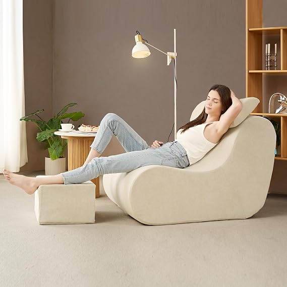 Hansleep Large Bean Bag Chair for Adults, Reading Chair with Ottoman Filled by High-Density Foam,Cozy Lazy Beanbag Lounger Sofa with Waist Support for Living Room, Bedroom, Office, Beige