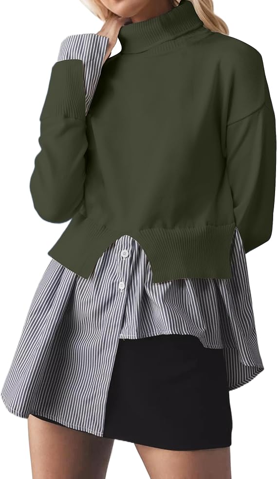 MISSACTIVER Women Slit Turtleneck Patchwork Sweater 2 in 1 Buttons Down Pullover Knit Sweater Asymmetrical Hem Shirt Top