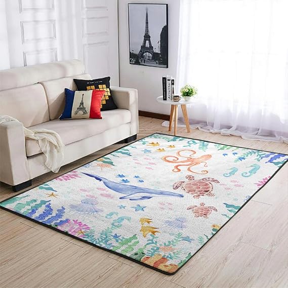 Colorful Sea World Throw Carpet Ocean Animals Whale Turtle Jellyfish Corals Sea Weeds Area Rugs Kids Toddler Nursery Bedroom Decor Floor Carpet for Living Room Bathroom Door Mat 36x60