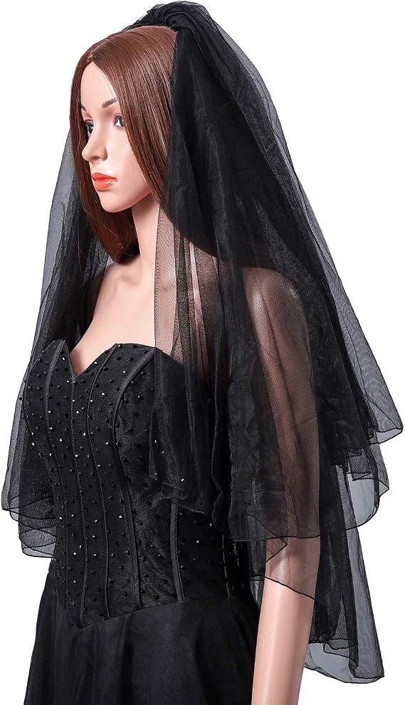 Acenail Black Wedding Lace Short Bridal Fingertip Women's Halloween Veil with Comb