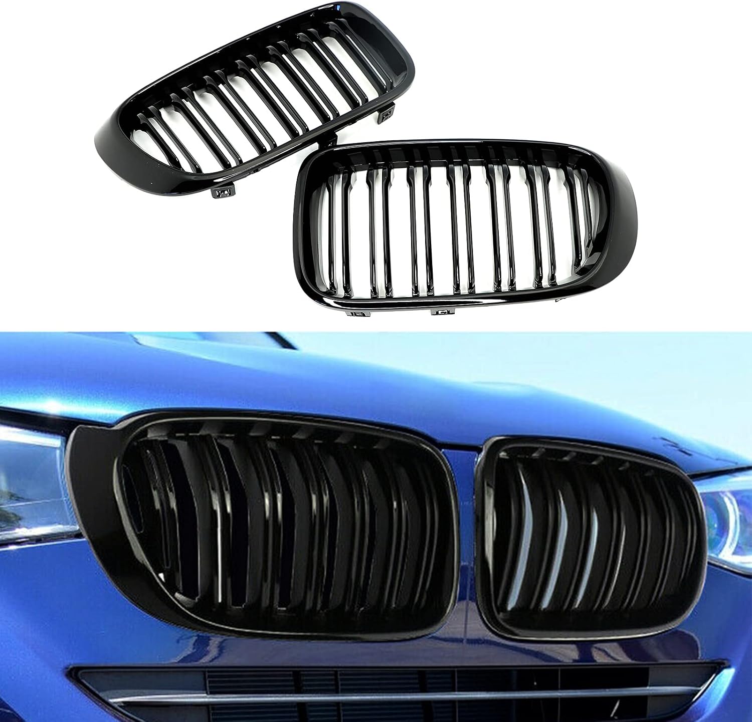 F25 Grill F26 Grille,ABS Gloss Black Grille Compatible for 2014-2017 X3 F25, 2014-2018 X4 F26,(2pc set Gloss Black Single Slat)