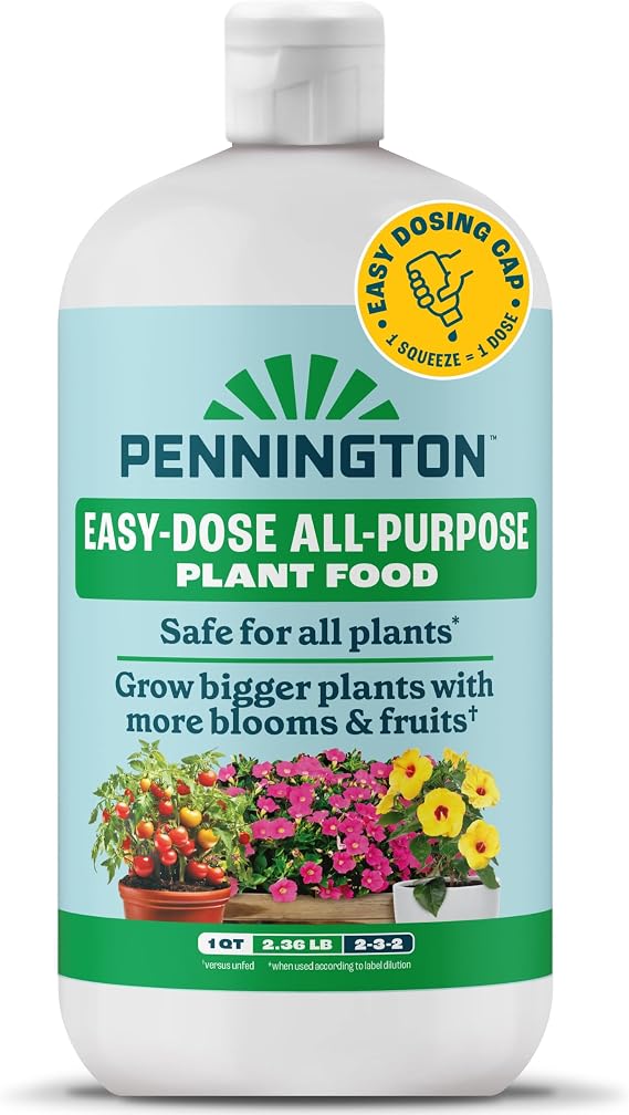 Pennington All-Purpose Plant Food 2-3-2, 32 Oz | House plant fertilizer, easy dosing cap, one squeeze equals one dose, direct soil application, molasses-enriched formula