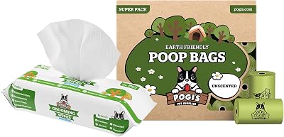 Pogis Poop n Wipe Combo Pack - 450 Unscented Doggy Poop Bags & 100 Dog Wipes Bundle