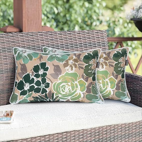 Magpie Fabrics Set of 2 Lumbar Throw Pillow with Insert 12x20 Inch, Outdoor Rectangular Waterproof Home Decorative Toss Cushion for Patio Garden Car Office - Green Floral