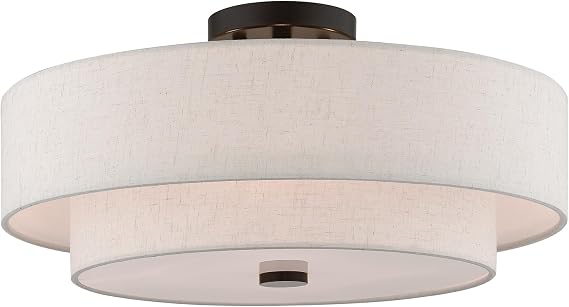 Livex Lighting 51085-92 4-Light Semi Flush Ceiling Light, English Bronze | Oatmeal Color Fabric Hardback Drum Shade and Satin White Diffuser
