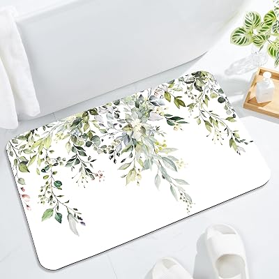 Gibelle Eucalyptus Leaves Bath Mat Rug Super Absorbent Quick Dry Thin Bathroom Rugs Fit Under Door Non Slip Rubber Backed Bathroom Floor Mat for in Front of Bathtub Sink Shower 17x24, Sage Green