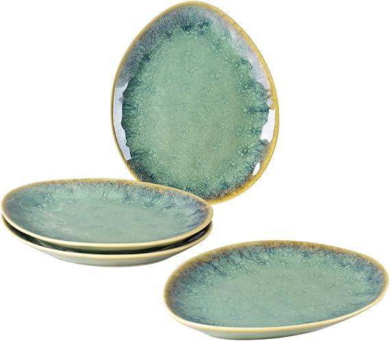 Henten Home Ceramic Appetizer Plate Set, 6.75 Inch Dessert Plates, Reactive Glaze Serving Plates for Snack, Sushi, Set of 4, Microwave & Dishwasher Safe (Green)
