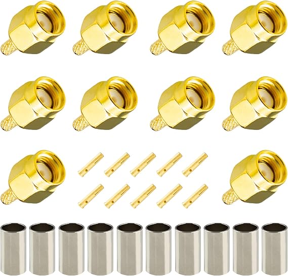 10-Pack RP-SMA Crimp Connector RPSMA Male RF Crimp Solder Attachment Straight Adapter 50 Ohm Gold Plated for RG174 RG316 RG188 RG188A LMR100 Coaxial Cable