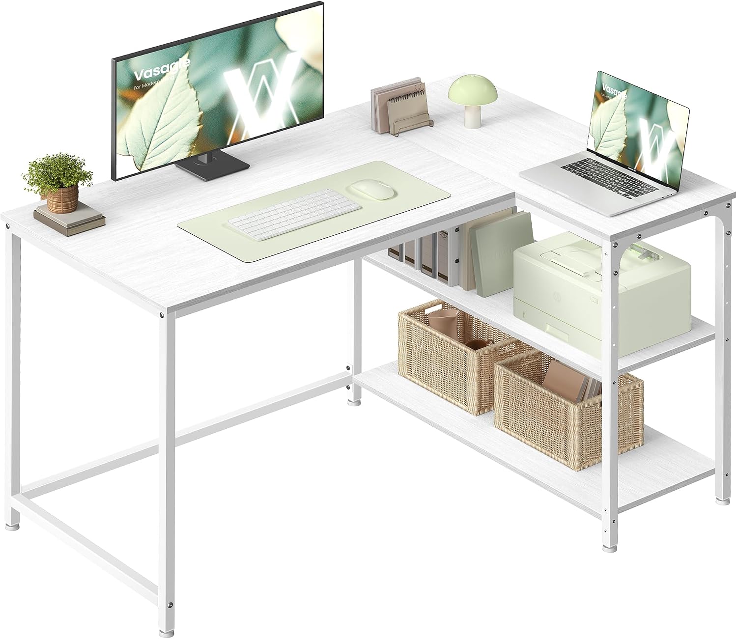 VASAGLE L Shaped Corner Desk, Computer Gaming Desk with Storage, Reversible Height-Adjustable Shelves, for Home Office, 110 x 80 cm, Maple White LWD135WF01