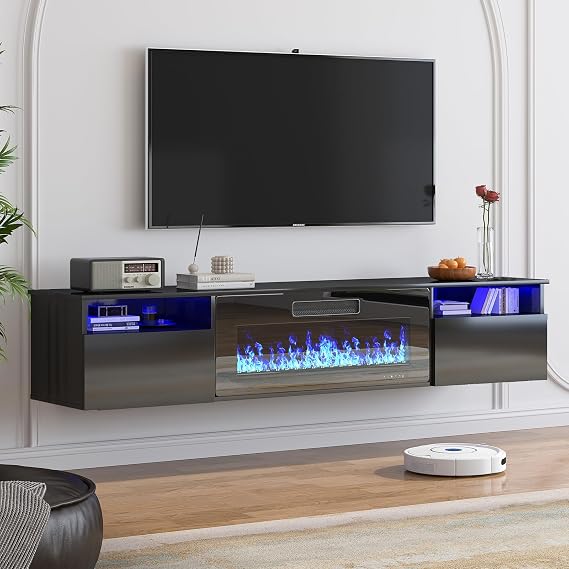 80" Fireplace TV Stand with 36" Electric Fireplace Heater, Entertainment Center with Tempered Glass & High-Gloss Finish, LED Ambient Lighting for TVs Up to 80",Wall Mounted, Black