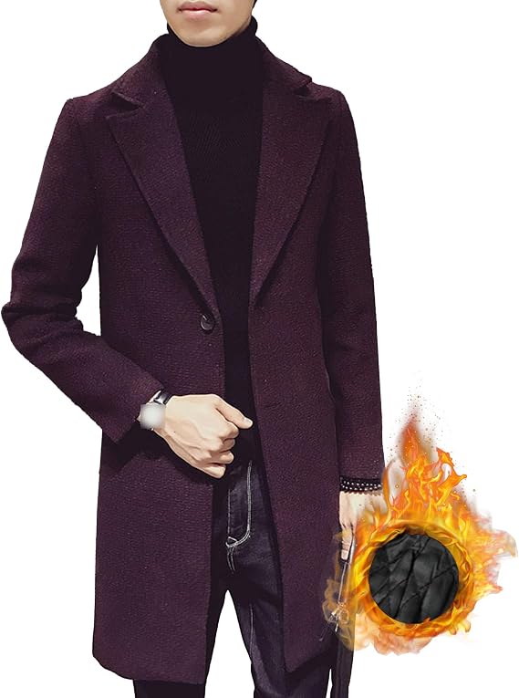 Men's Herringbone Wool Blend Long Overcoat Woollen Business Casual Trench Notched Lapel Single Breasted Coat (Red 2,Medium)