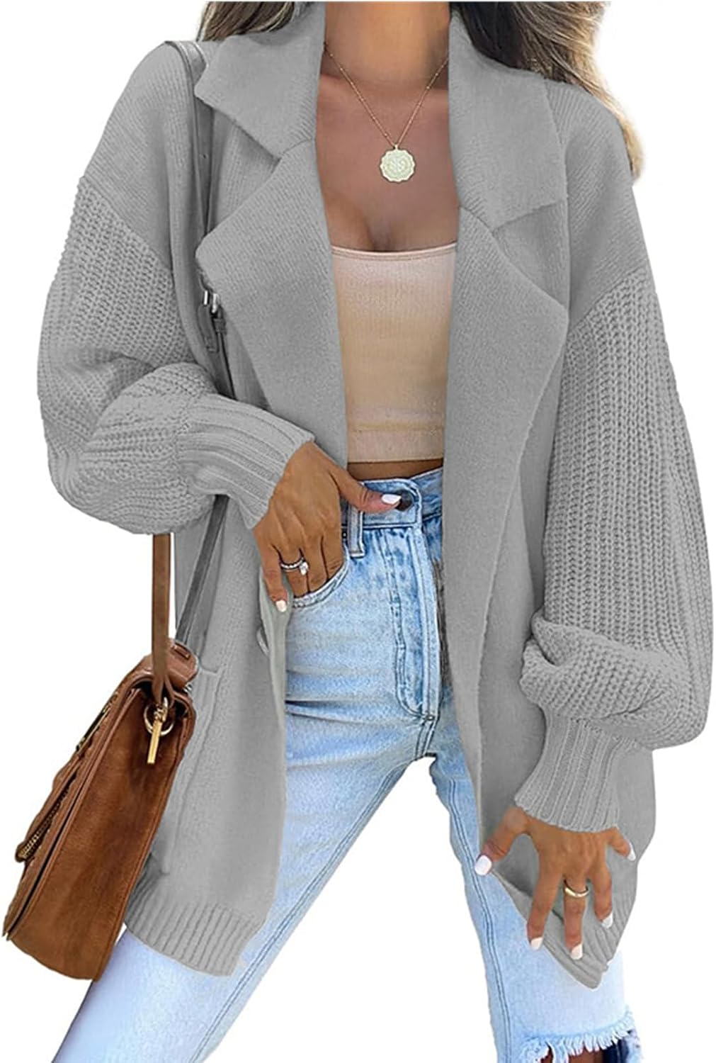 Womens Open Front Long Lantern Sleeve Cardigan Oversized Chunky Ribbed Sweater Outwear with Pocket Knit Winter Coat