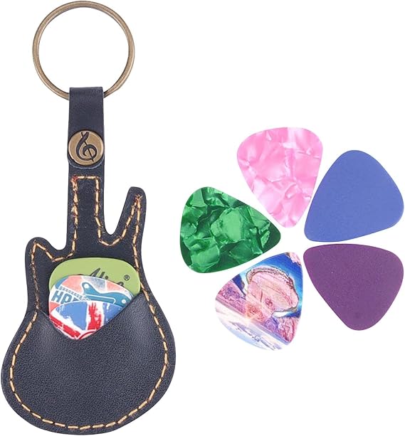 Black Leather Guitar Pick Holder with 5 Picks, Pure Copper Buckle Portable Plectrum Case, Guitar Accessories for Musicians Gigs Daily Practice Performance