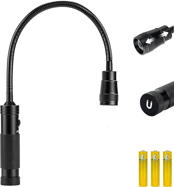 Favorlite 500 Lumen Magnetic Work Light | Zoomable Gooseneck Flashlight, 11" Flexible Neck, 1.14" Slim Head, 3 AAA Batteries Included